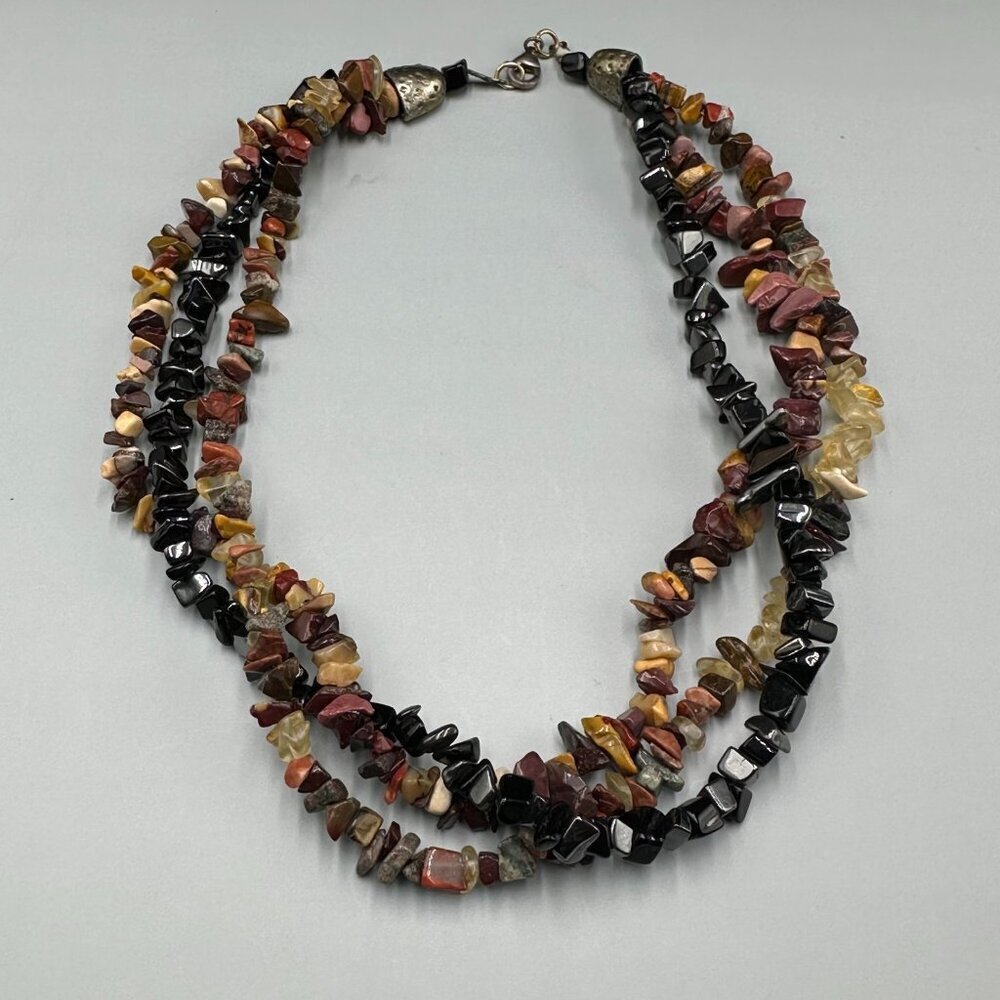 Mixed Jasper Beaded Necklace Black Stone Chip Triple Strand Boho Natural 16 Inch